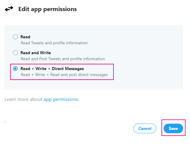 Twitter連携設定_App permissions（権限設定変更）
